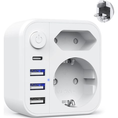 Adaptateur Prise Anglaise vers France Type G Multiprise avec Interrupteur,3 USB et 1 USB C,Adaptateur Universel de Voyage Accessoires Prise Internationale Chargeur UK Angleterre Irlande Dubai (1/5)