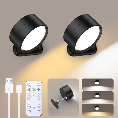 Set aus 2 magnetischen LED-Wandleuchten, wiederaufladbar über USB, mit Fernbedienung, ideal für Schlafzimmer, schwarz.