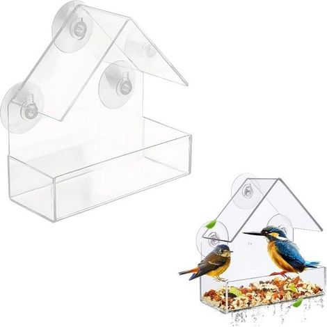 Comedero para ventana, comedero con ventosa, se puede fijar al panel de vidrio, adecuado para jardín doméstico, 15 x 6,5 x 15 cm (transparente) (1/5)