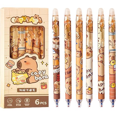 Set di 6 penne a inchiostro gel retrattili Capybara con punta fine cancellabile da 0,5 mm, penne per ufficio, scuola, donne, ragazze, ragazzi (inchiostro blu - Capybara)