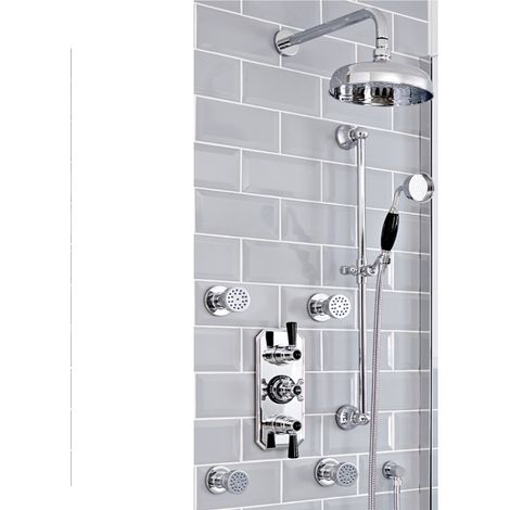 Milano Elizabeth 3 Outlet Triple Diverter Thermostatic Mixer Shower Valve with Round Rainfall Shower Head Riser Rail Kit and Body Jets - Chrome & Black
