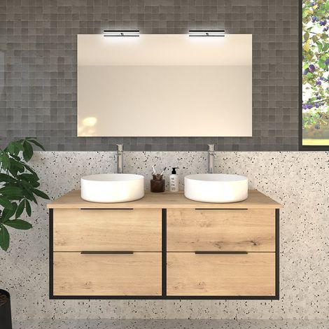 Meuble de salle de bain avec vasques rondes ALBA et miroir avec appliques - 120cm (1/5)