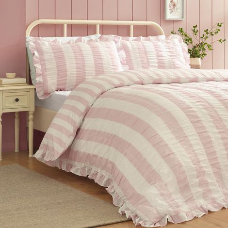 Parure de lit King Size en Seersucker à Volants avec Housse de Couette et taies d'oreiller, Rose (1/4)