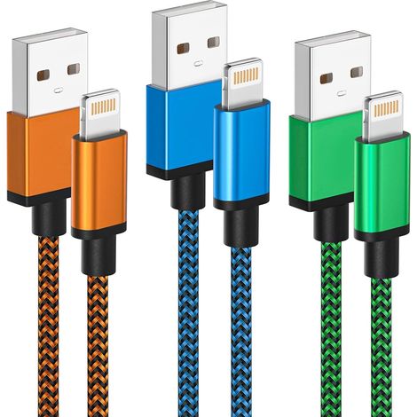 Paquete de 3 cables, 2 m de longitud, nailon trenzado, conector USB Lightning, carga rápida, compatible con iPhone. (1/5)