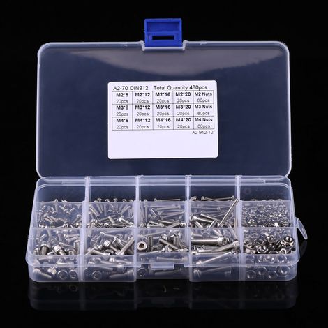 Kit de 480 vis à tête cylindrique creuse hexagonale en acier inoxydable 304 (M2, M3, M4) avec écrous (1/5)
