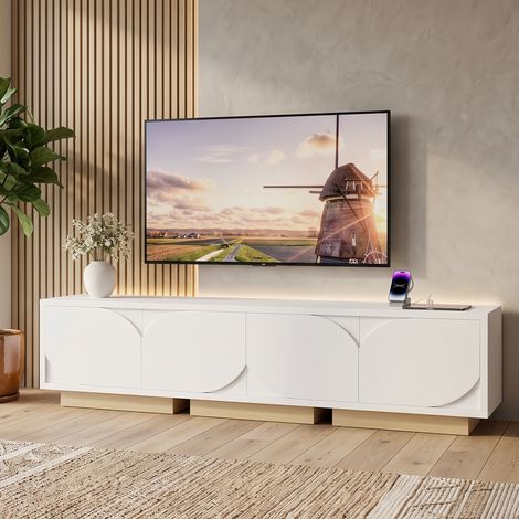 Meuble TV 175 cm avec Prises USB Intégrées, Banc TV Blanc avce 4 Portes Rangement, Meuble Salon - pour Écran jusqu'à 80 Pouces - Meuble Télévision Rétro Chic (1/5)