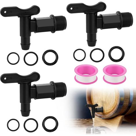 3-Piece Rainwater Faucet, Black Plastic Water Faucet, 3/4 Inch Tap with Seal, Threaded Loop and Sealing Strip for Rain Barrels, Water Tanks (1/5)