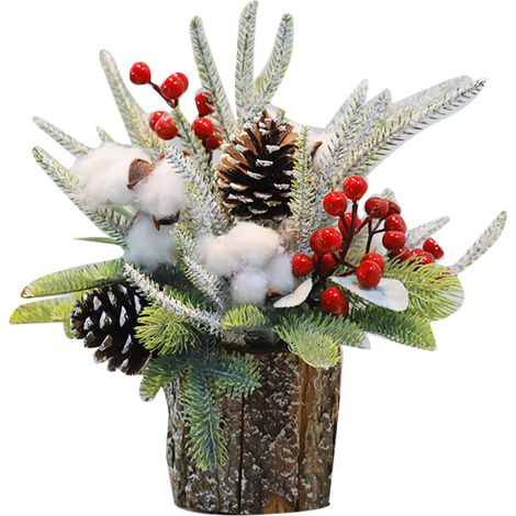 Décoration de table en écorce de sapin de Noël, tonneau en bois, bouquet artificiel en coton, 35 cm, pour la maison, l'hôtel ou le bureau. (1/5)