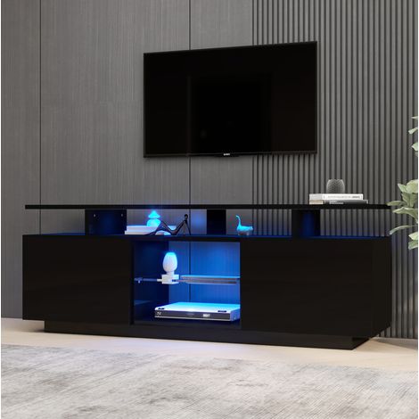 Meuble TV 140 cm avec LED, 2 portes noir OKMYHOME (1/5)
