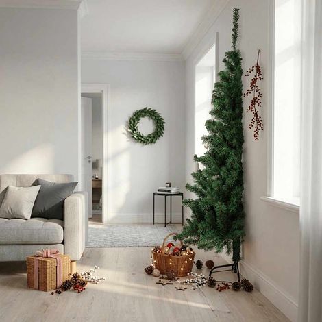 Sapin de Noël artificiel demi-cercle vert 210 cm en PVC avec support en acier 605 pointes - PANGIVO (1/5)