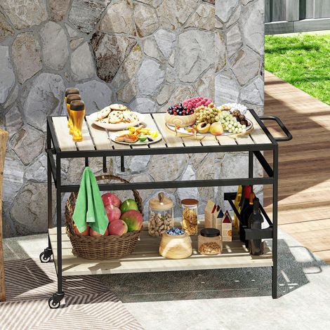 Chariot alimentaire jardin Bois lattes acier étagère poignée 107x65x80 cm