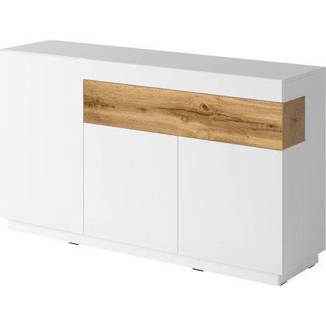 Cómoda Livlore 105, Blanco + Blanco brillante + Roble wotan, Con cajones y puertas, Número de cajones: 0, 85x150x40cm (1/3)