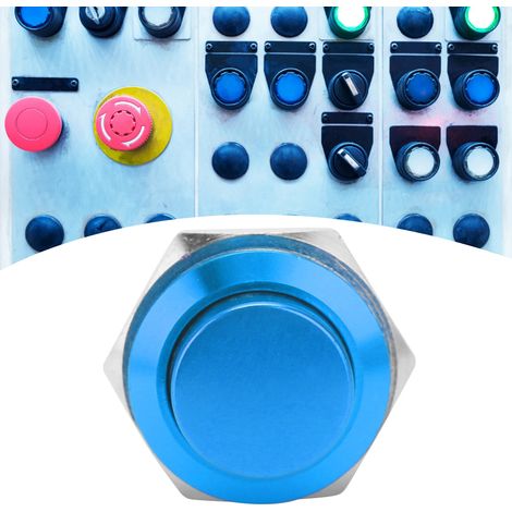 Interrupteur à bouton-poussoir métallique à tête haute de 16 mm, entièrement anodisé, à réarmement automatique, de type vis de réglage, 220 V, bleu. (1/5)