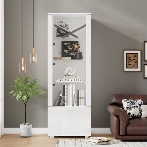 Vetrina espositiva 50x40x160 cm, con luci LED, ante in acrilico, ripiani in vetro temperato, bianco (1/5)