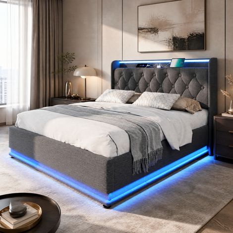FLORAGRACE Lit coffre 180x200 cm en tissu gris avec LED, USB-C, tête de lit capitonnée, sans matelas (1/5)