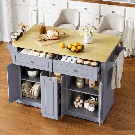 Îlot de cuisine extensible avec tablette rabattable, rangement intégré et roulettes 360° (1/5)