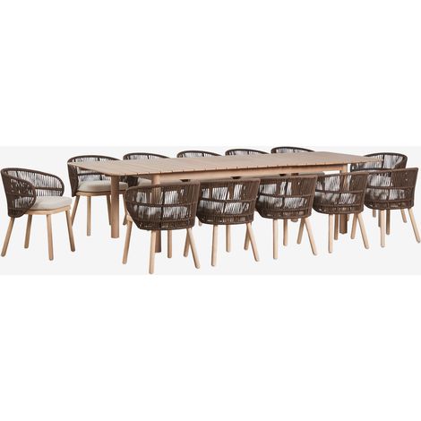 Set de mesa rectangular 250-310x105 cm extensible Duala y 12 sillas de comedor en madera de acacia y cuerda trenzada Capri SKLUM       
