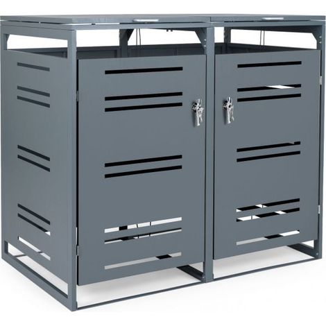 Cache-poubelle métallique gris pour 2 bacs 120L/240L, abri extérieur verrouillable avec clés, amortisseurs à gaz, cabane de rangement pour déchets sur terrasse et jardin (1/5)