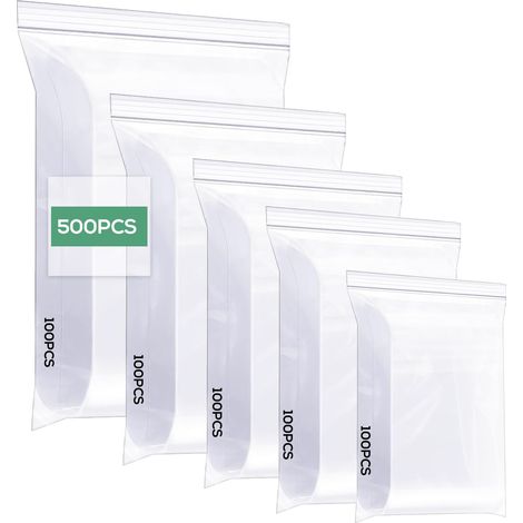 Sachet Plastique Transparent Lot de 500, 5 Tailles Sachet Zip Pochon, Sachets Plastiques Refermables pour Les Noix, Les Confiseries, Le Chocolat, Les épices, Les Bijoux, etc (1/5)