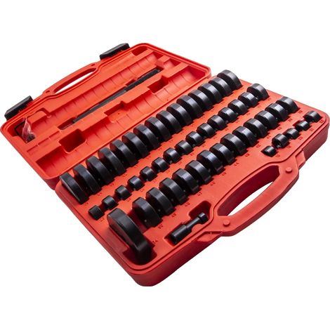 Jeu de pilotes de douilles, 52 pièces, plage de tailles de 18 mm à 74 mm, construction en acier au carbone spécial, compatible avec presse hydraulique, organisé dans un étui en plastique (1/5)
