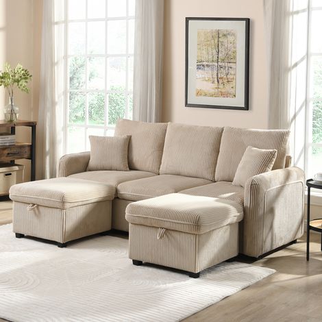 Sofá cama modular de 3 plazas en tela acanalada beige, con 2 pufs con almacenaje y 2 cajones ocultos, asiento mullido y cómodo, ideal para pisos pequeños y salón CHICFURN (1/5)