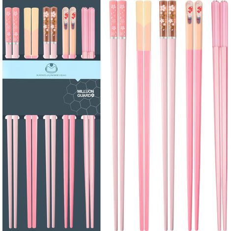 Lot de 5 paires de baguettes réutilisables, passent au lave-vaisselle, antidérapantes, légères, en fibre de verre, 24,3 cm, ensemble pour fête, rose (1/5)