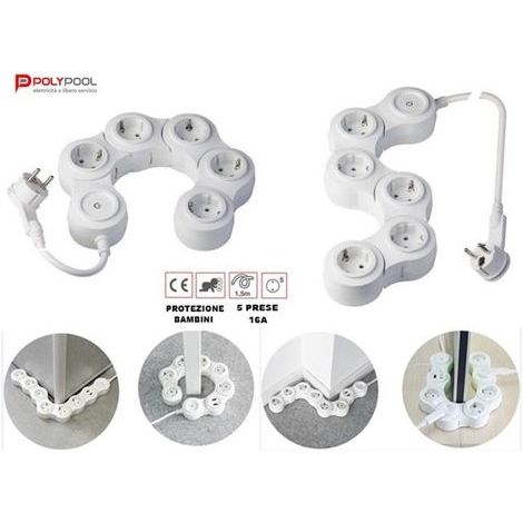 POLY POOL - PP2529 Presa Multipla SNAKE Snodabile - Ciabatta Multipresa 5 Prese Schuko 16A e Spina 16A - Ciabatta con Interruttore, cavo 1.5 m e Linguetta per Estrazione Facile (1/3)