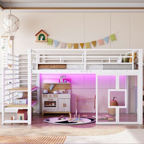 Lit enfant 90 x 200 cm naturel avec bureau LED via app USB-C étagères tiroirs daybed en L rangements chambre moderne cosy bois (1/5)