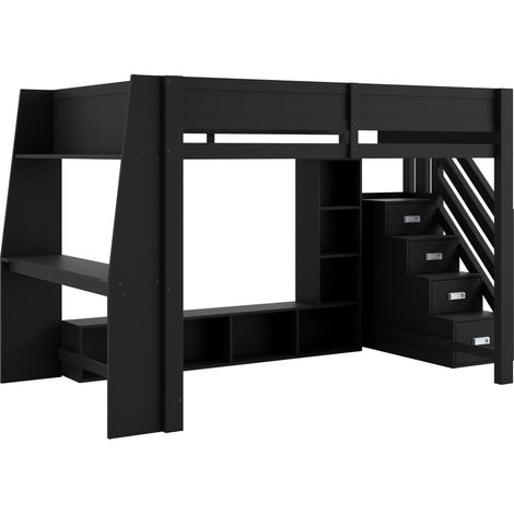 Letto a soppalco 140x200 con scrivania, contenitori, LED e scala nera HOMVRA (1/5)