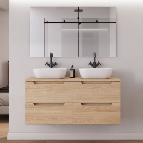 Meuble de salle de bain 140cm avec plateau et 2 vasques à poser arrondies - 4 tiroirs - roble era (chêne clair) - SONRIZA (1/5)