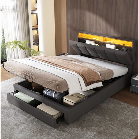 Lit 140x200 LED avec rangement, lin gris HAVRYA (1/5)