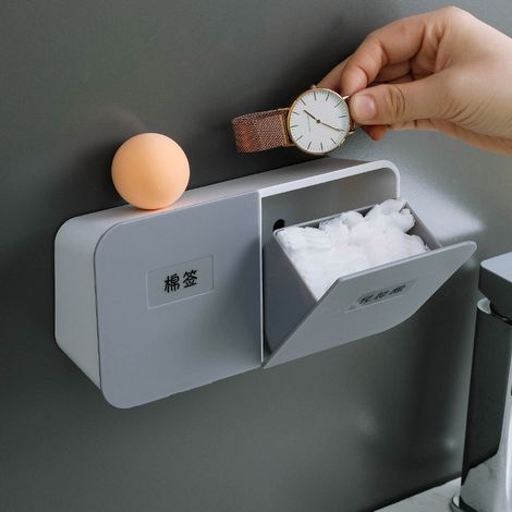 Support mural porte-coton-tige, organiseur salle de bain, boîte de rangement blanc et gris, conteneur fixé au mur pour cotons-tiges, accessoire pratique. (1/4)