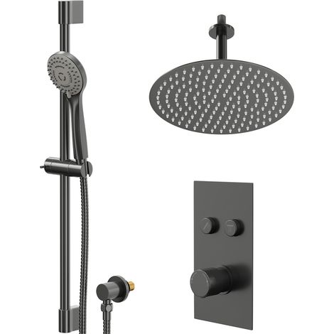 Colore Round Gunmetal Grey Push Button Diverter Concealed Thermostatic Shower Valve and 300mm Fixed Head with 150mm Ceiling Arm and Slide Rail Kit - 2 Outlet (1/5)