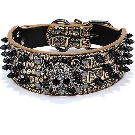 Collier en cuir marron doré avec rivets en forme de tête de mort à 3 rangées de clous en forme de balle, idéal pour les chiens de taille moyenne à grande. (1/4)