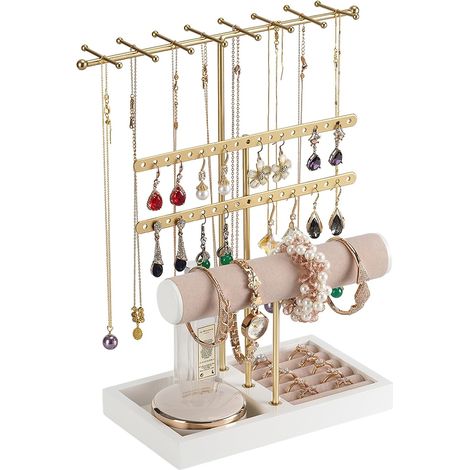 Présentoir à Bijoux, Presentoir Boucle D'oreille avec Base en Bois, avec 38 Trous, Porte Bijoux Femme pour Colliers, Bracelets, Boucles d’Oreilles, Pinces, Bagues (Or) (1/5)