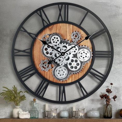 Horloge Murale Engrenages Mobiles Geante 57cm, Industrielle Bois Vintage Pendule Murale Steampunk Design Chiffres Romains pour Salon Cuisine Bar Bureau (1/4)