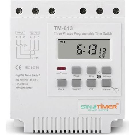 BRICOOMARKET TM-613 Relais Temporisé Programmable 380V / 50-60Hz 16A Relais Hebdomadaire Commutateur de Minuterie de Puissance Interrupteur de Minuterie Triphasé Horloge Numérique Intelligente (1/4)