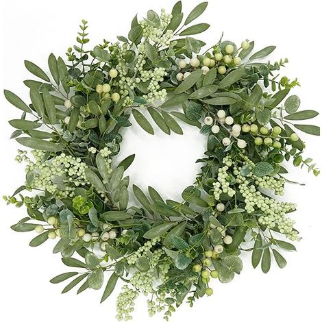 Couronne eucalyptus verte porte entrée, décoration printemps été feuilles olivier baies (1/5)
