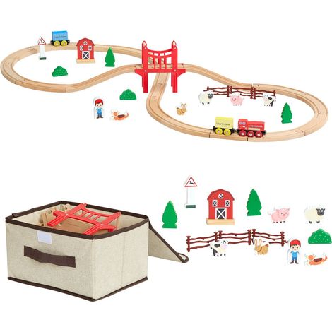 Circuit de train en bois 39 pièces, voie ferrée avec trains magnétiques et accessoires, compatible grandes marques, petit village, jouet Noël anniversaire enfants 3-8 ans (1/5)