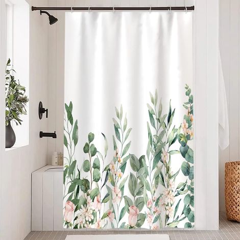 1 Rideau Douche, 120x200cm, Motif Eucalyptus, Polyester Imperméable, 8 Crochets, Salle de Bain
