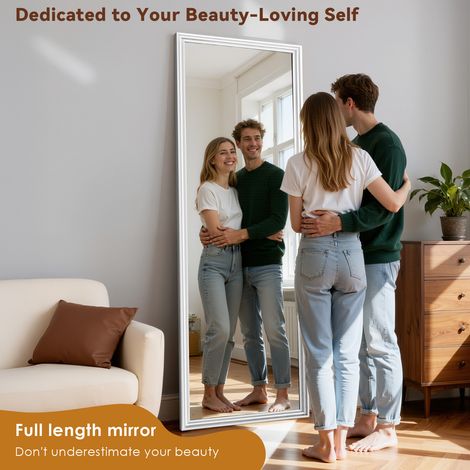 Miroir pleine longueur rectangulaire cadre bois blanc, 160 x 50 cm, pied métallique réglable, rendu clair, emballage solide, pour maison et locaux professionnels (1/4)