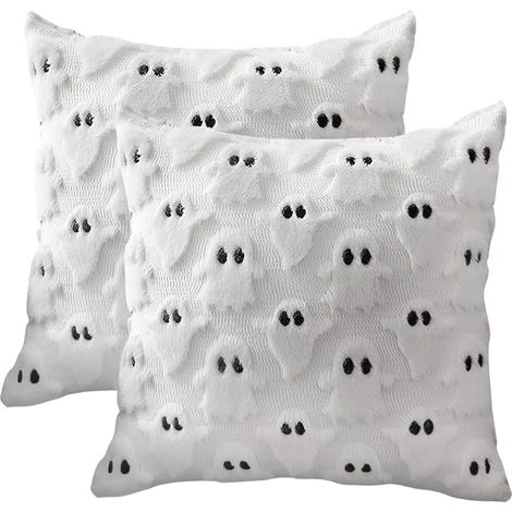 Fodera per cuscino fantasma di Halloween, 45 x 45 cm, bianca, spettrale, in peluche, morbida fodera per cuscino da divano in velluto, fodera per cuscino da sedia autunnale, decorazione per la casa di