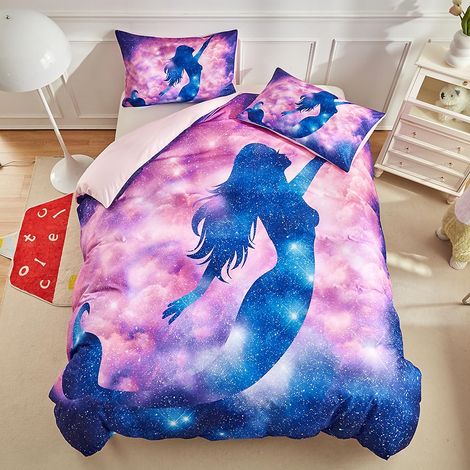 Parure de lit 2 pièces 135 x 200 cm - Motif ciel étoilé sirène - Doux et romantique - Housse de couette 135 x 200 cm et 1 taie d'oreiller 80 x 80 cm avec fermeture éclair - Pour fille et femme (1/5)