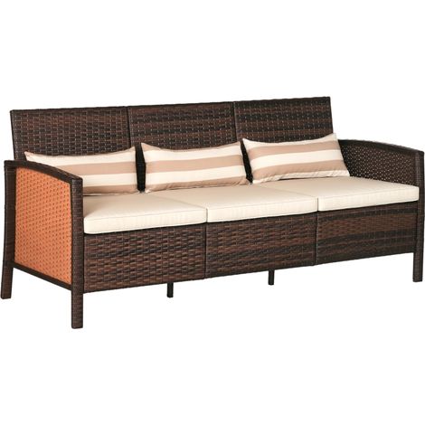 Canapé en rotin avec coussins, sofa de jardin trois places en acier, brun, dimensions 173 x 68 x 78 cm (1/5)