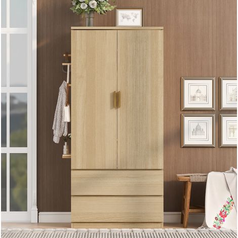 MODFU – Armoire 70x50x170 cm MDF – 2 tiroirs, rangement caché et panneau perforé – Charge 48 kg – Chambre – Blanc/bois (1/5)