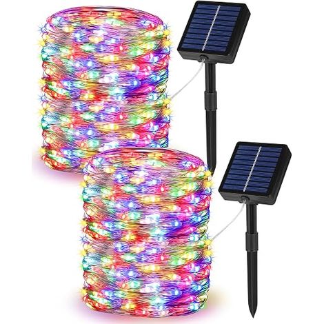 Lot de 2 Guirlande Solaire Extérieur, 20M 200LED Guirlande Lumineuse Étanche IP65, 8 Modes Minuteur Fonction Mémoire Fil de Cuivre Décoration Jardin Terrasse Intérieur Extérieur(Multicolore) (1/5)