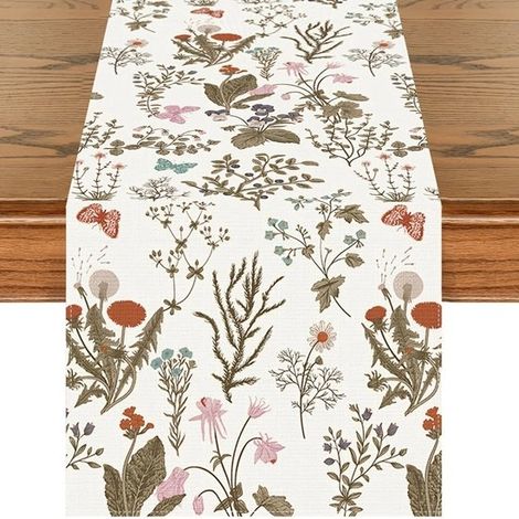 Camino de mesa, Camino de mesa de Pascua, Lino, comedor y fiestas, 33 x 183 cm, Margaritas amarillas, flores y hojas de lavanda (1/5)