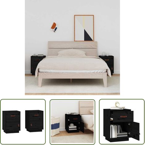 The Living Store Tables de chevet 2 pcs Noir 40x34x55 cm Bois de pin massif - Table De Chevet - Meuble De Chambre - Mobilier Intérieur - Bois Massif - Pin (1/5)
