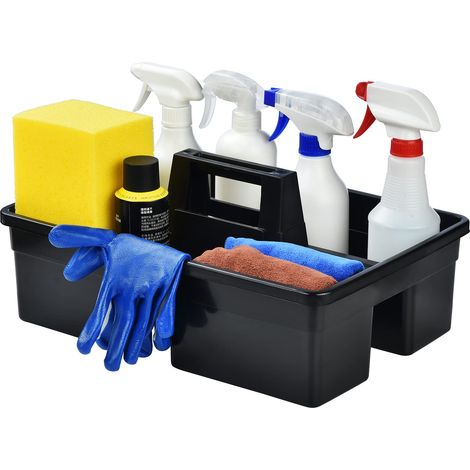 Panier de nettoyage en plastique à 3 compartiments Grand seau de rangement pour outils en plastique avec poignée, noir (1/5)