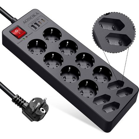 Multiprise avec Interrupteur, Multiprise 12 Prises Parafoudre et Surtension  Bloc Prise Multiple 4 USB Chargeur,Gain de Place pour Bureau Maison,Protection Enfant,Rallonge Electrique 1,5M Câble,Noir (1/5)